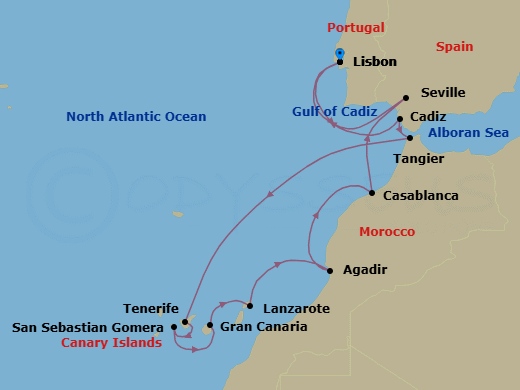 Portugal, Spain & Morocco Combination Cruise: Tenerife, Seville & Lisbon Route Map
