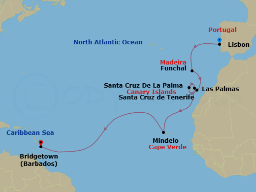 Lisbon To Bridgetown Route Map