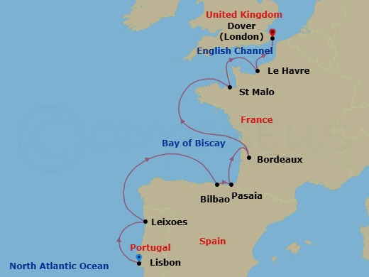 Portugal, Spain & France Cruise: Lisbon, Bilbao & Bordeaux Route Map