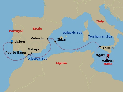 The Rivieras Featuring Valencia & Malta Route Map