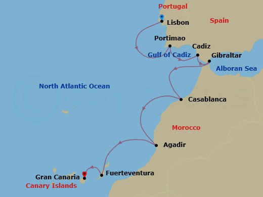 Portugal, Morocco & Spain Cruise: Lisbon, Casablanca & Las Palmas Route Map