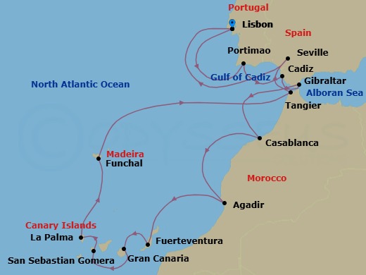 Morocco, Portugal & Spain Combination Cruise: Tangier, Seville & Lisbon Route Map