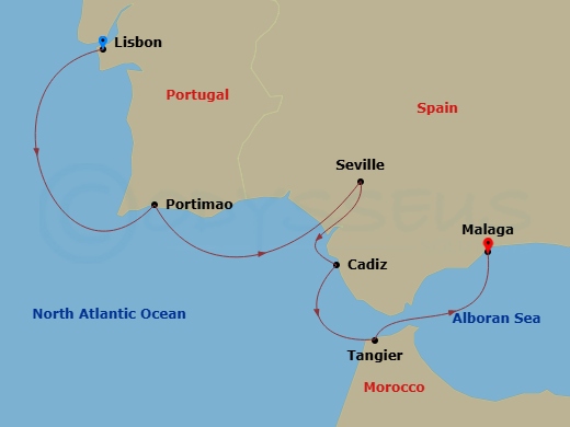 Portugal, Spain & Morocco Cruise: Lisbon, Seville & Tangier Route Map
