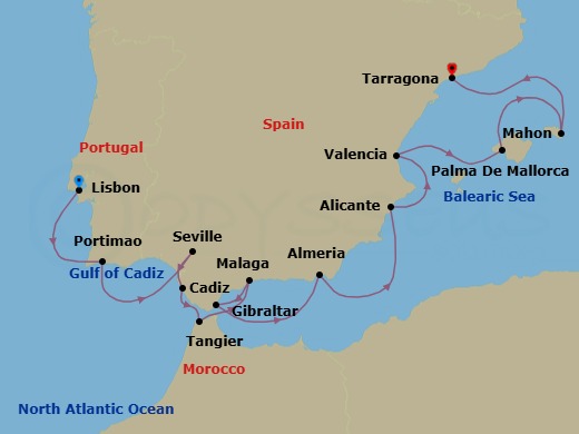 Spain Intensive Combination Cruise: Seville, Malaga & Valencia Route Map
