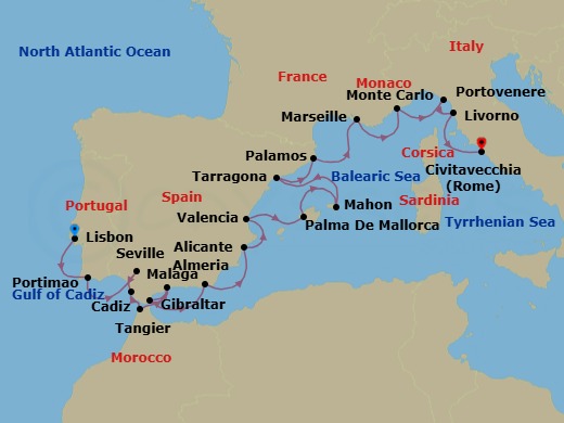 Spain & Italy Combination Cruise: Seville, Valencia & Florence Route Map