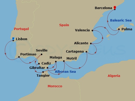 Spain Intensive Combination Cruise: Seville, Malaga & Valencia Route Map