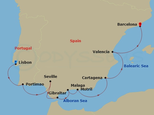Spain Intensive Cruise: Seville, Malaga & Barcelona Route Map