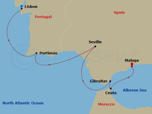 Portugal & Spain Cruise: Lisbon, Seville & Malaga Route Map