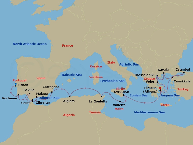 Spain, Greece & Turkey Combination Cruise: Seville, Athens & Istanbul Route Map