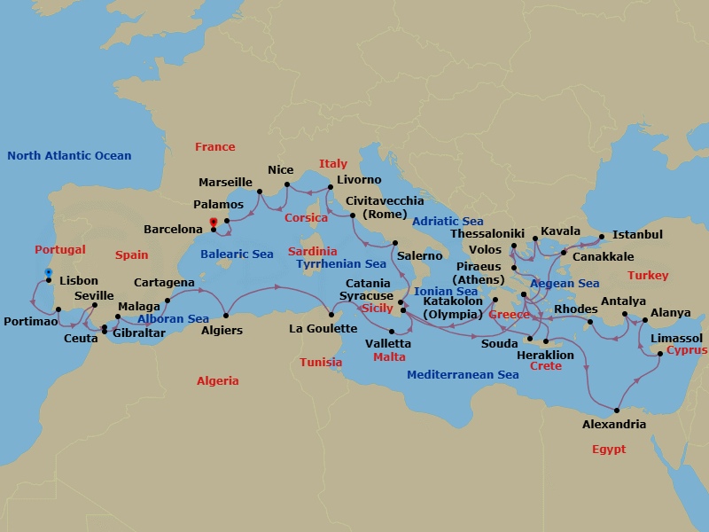 Lisbon To Barcelona Grand Voyage Route Map