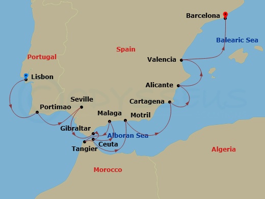 Iberian Peninsula Combination Cruise: Lisbon, Seville & Valencia Route Map