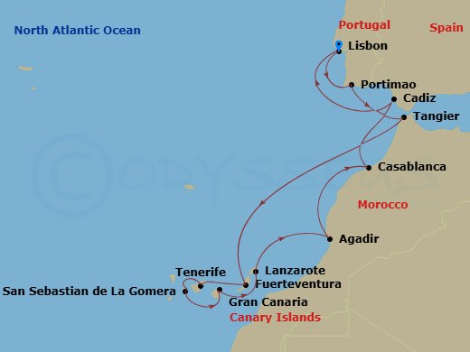 Portugal, Morocco & Spain Combination Cruise: Lisbon, Casablanca & Cadiz Route Map