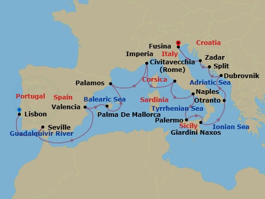 25 Night Western Europe Voyage Route Map