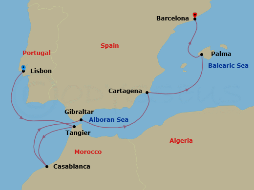 7 Night Spain & Morocco - Solar Eclipse Route Map