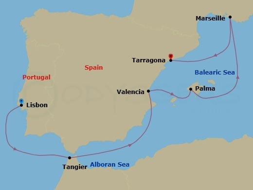 Mediterranean Splendor: Portugal, France & Spain – Featuring Marseille Route Map