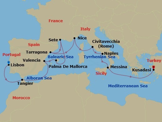 Grand Mediterranean Discovery - Spain, Morocco, Portugal, Italy & Greece - 14 Nights Route Map