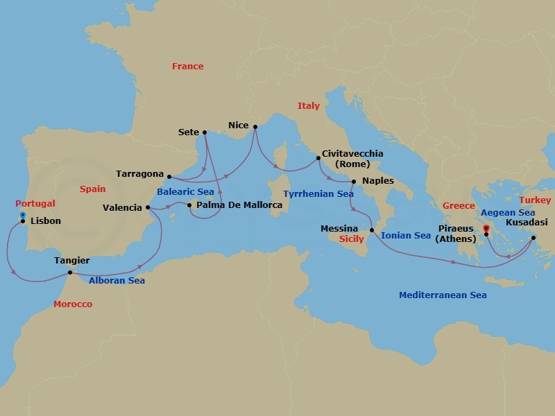Grand Mediterranean Discovery - Spain, Morocco, Portugal, Italy & Greece - 15 Nights Route Map