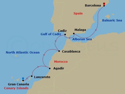 Canary Islands, Morocco & Spain Cruise: Gran Canaria, Casablanca & Malaga Route Map