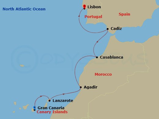 Portugal, Morocco & Spain Cruise: Lisbon, Casablanca & Cadiz Route Map