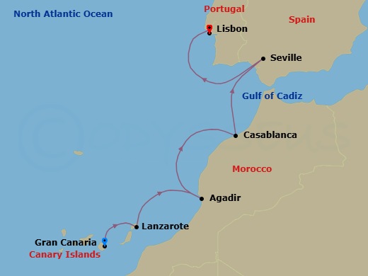 Spain, Morocco & Portugal Cruise: Gran Canaria, Casablanca & Seville Route Map