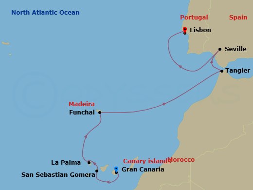 Spain Intensive Cruise: Canary Islands, Madeira & Seville Route Map