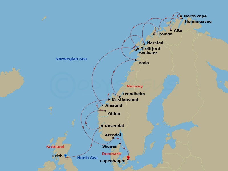 Norway Intensive Cruise: Olden, North Cape & Trondheim Route Map