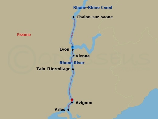 Burgundy, The River Rhône And Provence River Cruise - Ms Thomas Hardy Route Map