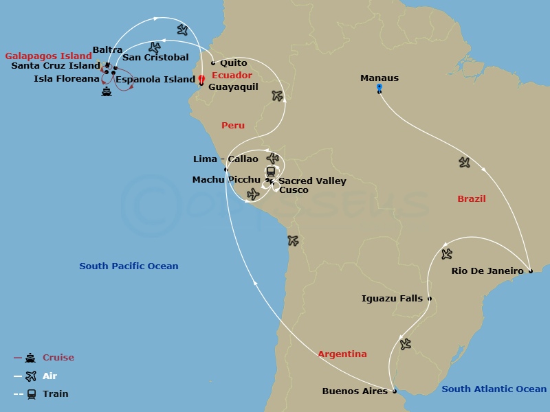 South American Discovery With Brazil's Amazon & Galápagos Cruise Route Map