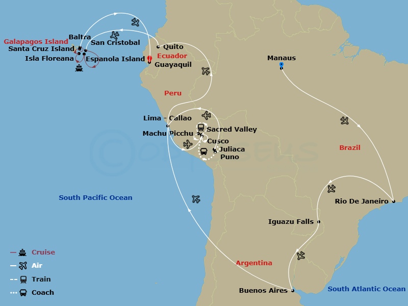 Ultimate South America With Brazil's Amazon & Galapagos Cruise Route Map