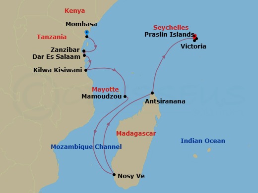 Wild Isles & African Grandeur: Seychelles, Madagascar, Tanzania & Kenya Route Map