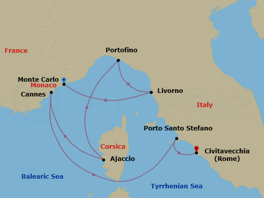Monte Carlo To Civitavecchia Route Map