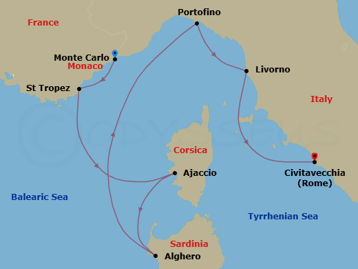Monte Carlo To Civitavecchia Route Map