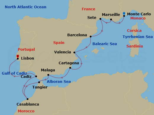 Monte Carlo To Lisbon Route Map