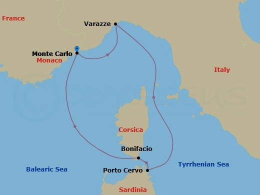 The Rivieras Featuring Sardinia & Monte Carlo Route Map