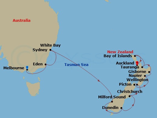 Australia & New Zealand Cruise: Melbourne, Sydney & Auckland Route Map
