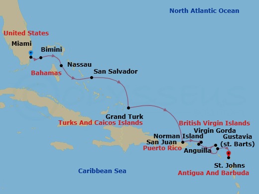 Caribbean Breeze: Miami To Antigua Route Map