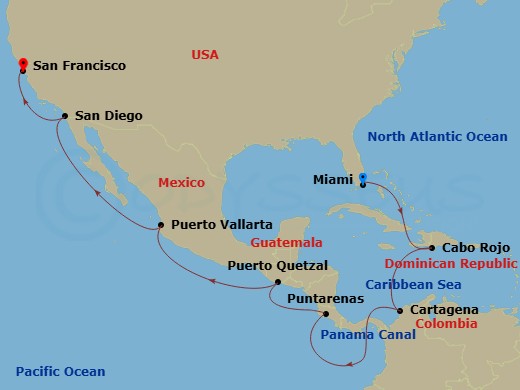 Panama Canal Holiday Cruise: Miami, Cabo Rojo & San Diego Route Map