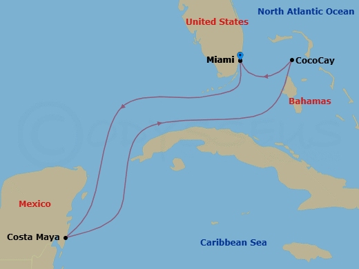 5 Nights Perfect Day Cococay & West Carib Route Map