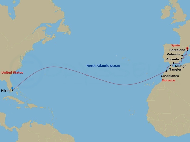14 Night Spain & Morocco Transatlantic Route Map