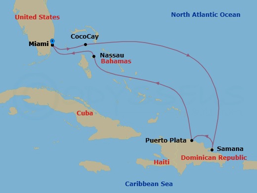 7 Nights Perfect Day Cococay & East Carib Route Map