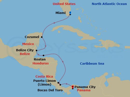 Belize, Costa Rica & Panama Cruise: Belize City, Puerto Limon & Panama City Route Map