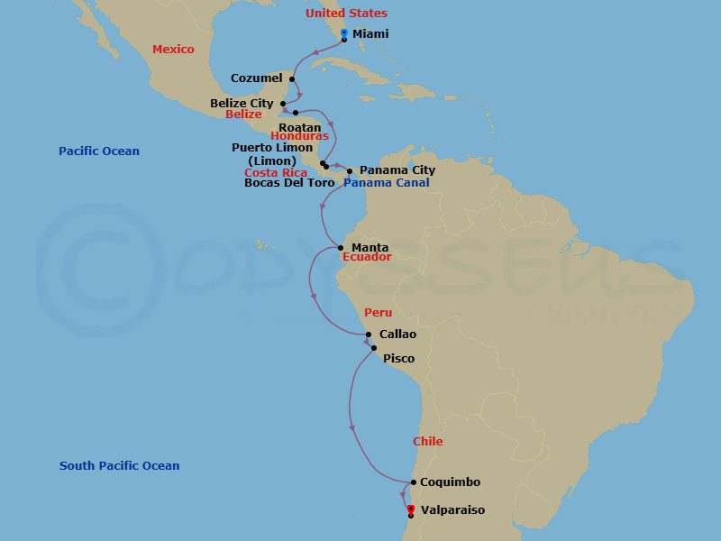 Panama, Peru & Chile Combination Cruise: Panama Canal, Lima & Coquimbo Route Map