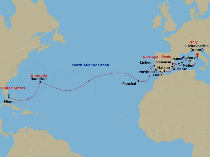 25 Night Southern Europe Voyage Route Map