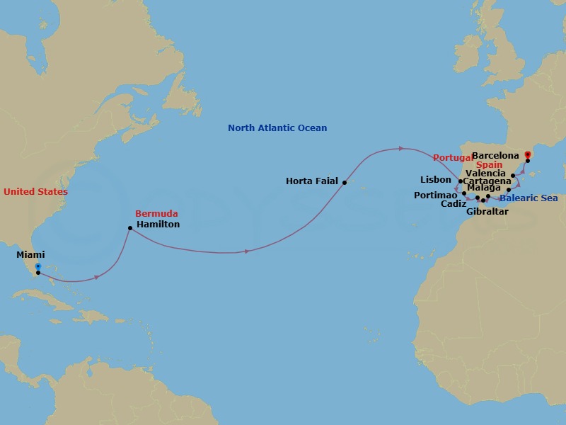 Transatlantic Combination Cruise: Miami To Barcelona Route Map
