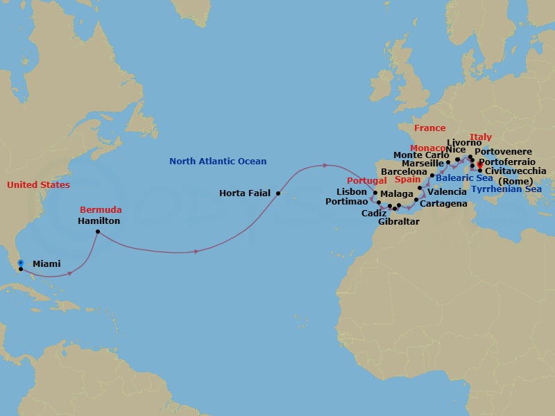 Transatlantic Combination Cruise: Miami To Rome Route Map