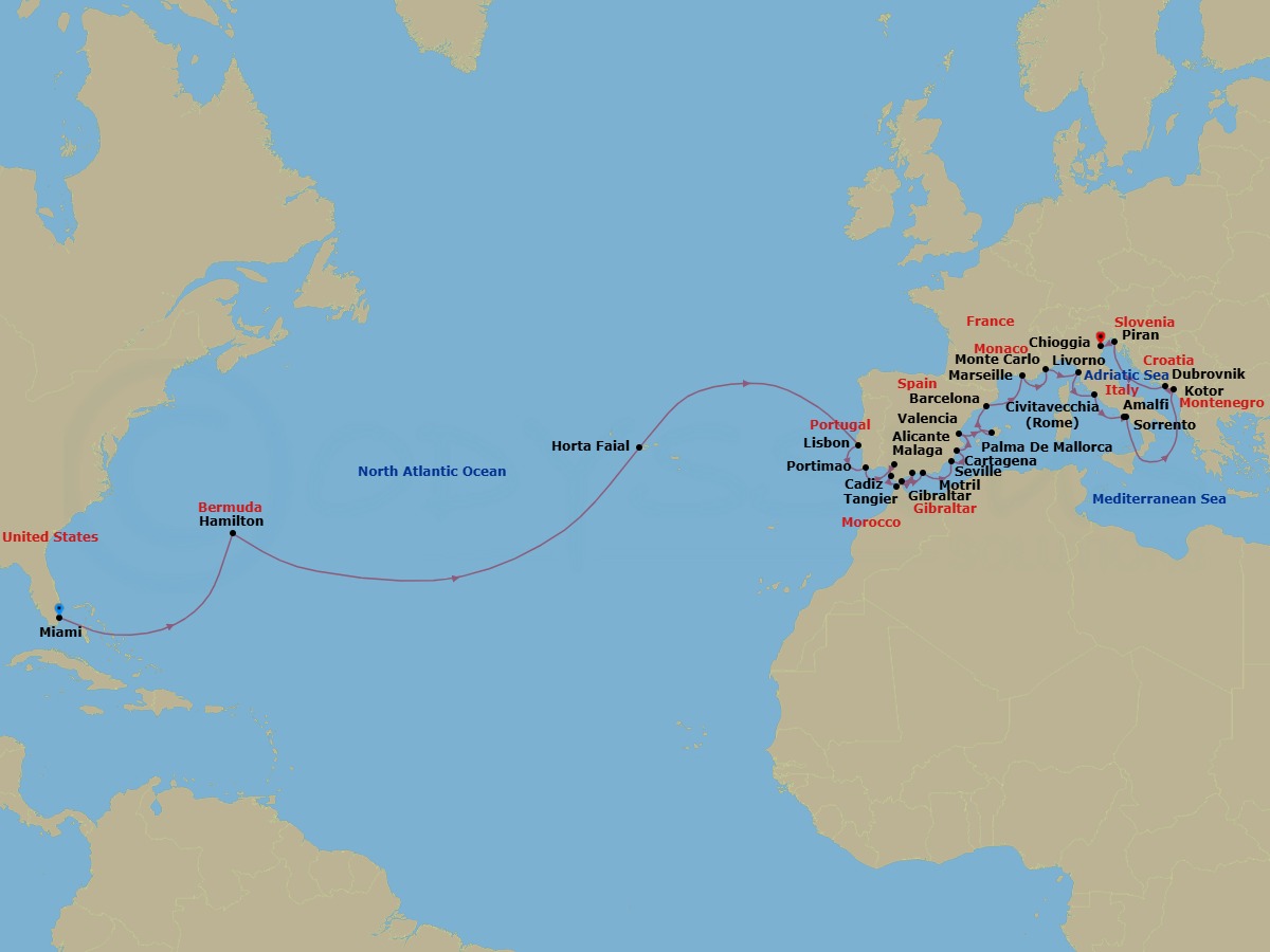 Miami To Venice Transatlantic Grand Voyage Route Map