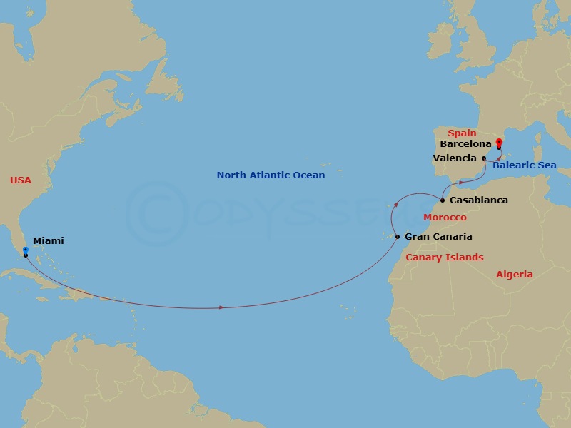 Miami To Morocco & Spain Transatlantic Route Map