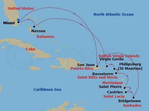 Caribbean Holiday Cruise: Sint Maarten, Saint Lucia & Barbados Route Map