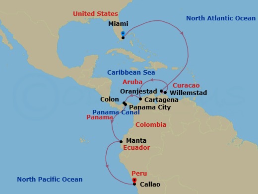 Aruba, Colombia & Panama Cruise: Oranjestad, Cartagena & Panama City Route Map