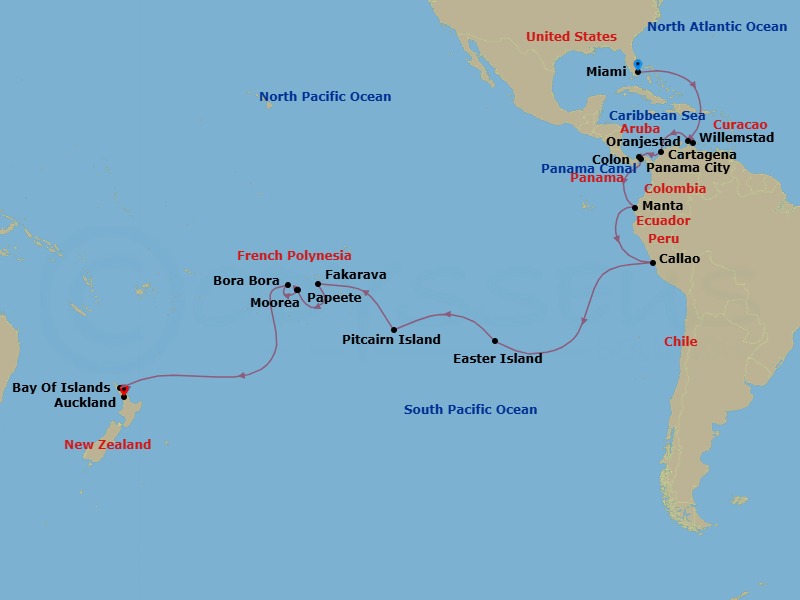 Miami To Auckland Grand Voyage Route Map